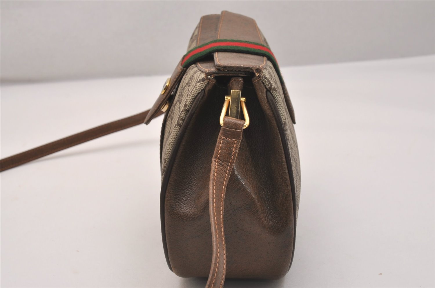 Authentic GUCCI Web Sherry Line Shoulder Cross Bag GG PVC Leather Brown 6729J