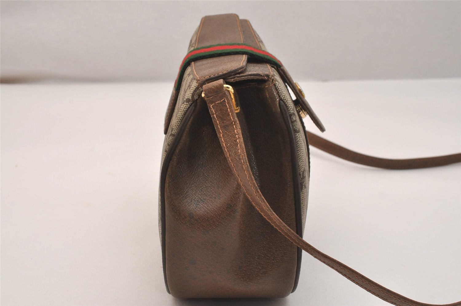 Authentic GUCCI Web Sherry Line Shoulder Cross Bag GG PVC Leather Brown 6729J
