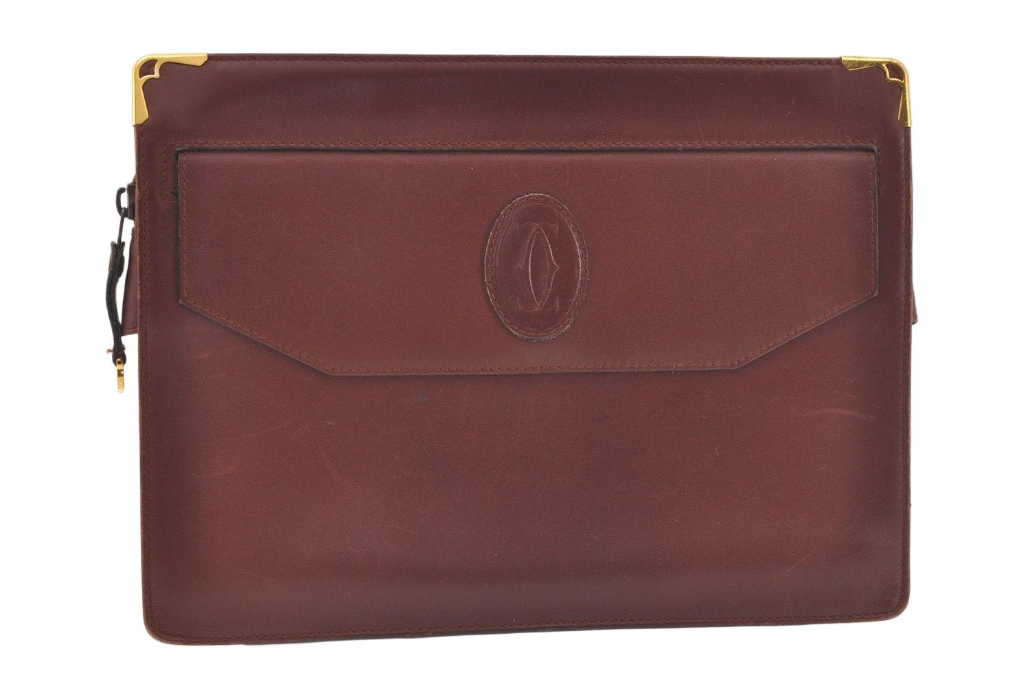 Authentic Cartier Must de Cartier Clutch Bag Leather Bordeaux Red Junk 6740K