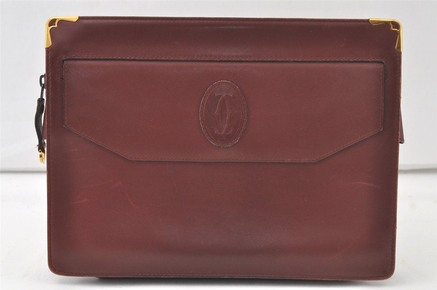 Authentic Cartier Must de Cartier Clutch Bag Leather Bordeaux Red Junk 6740K