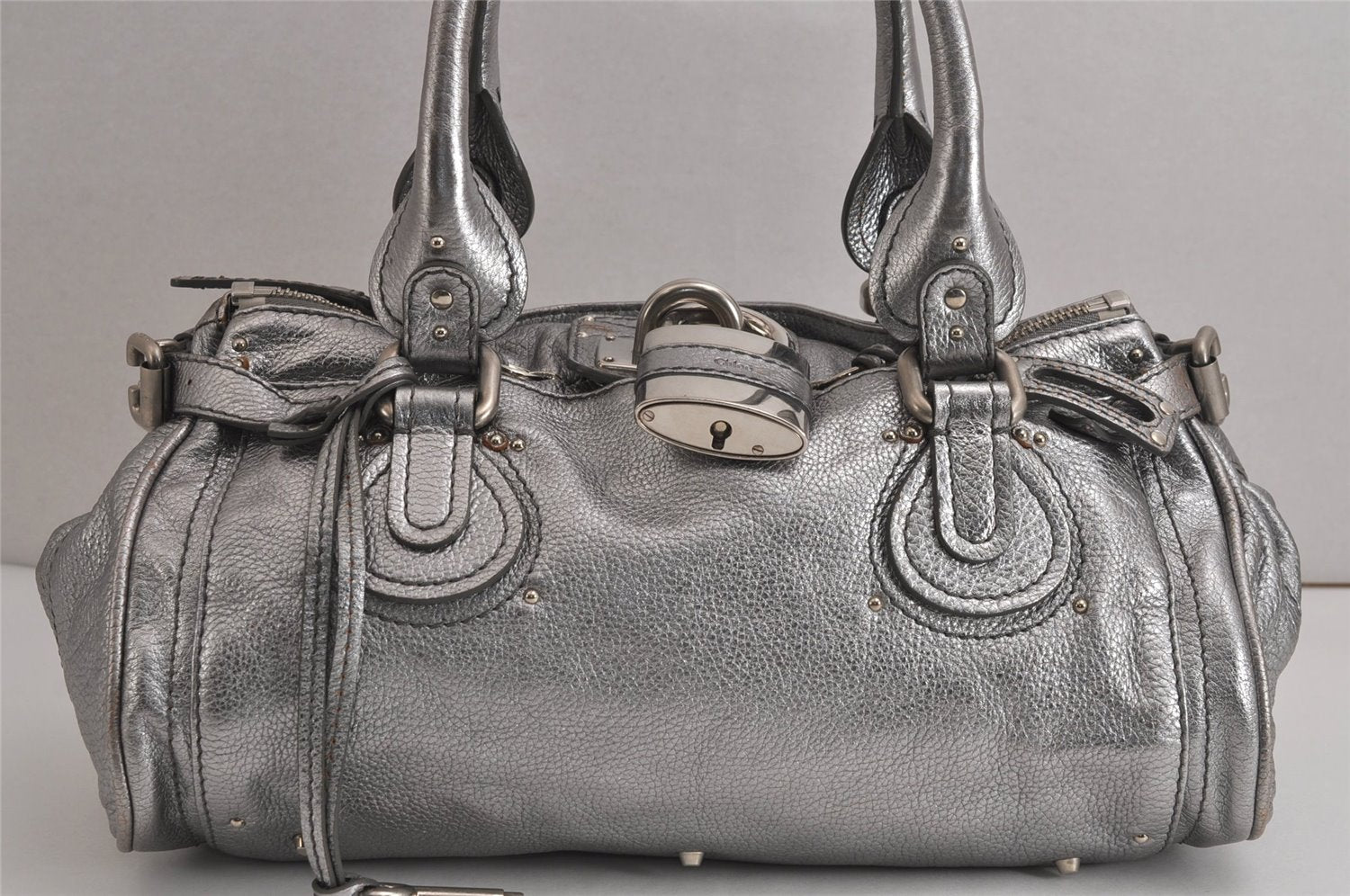 Authentic Chloe Vintage Paddington Leather Shoulder Hand Bag Silver 6743J