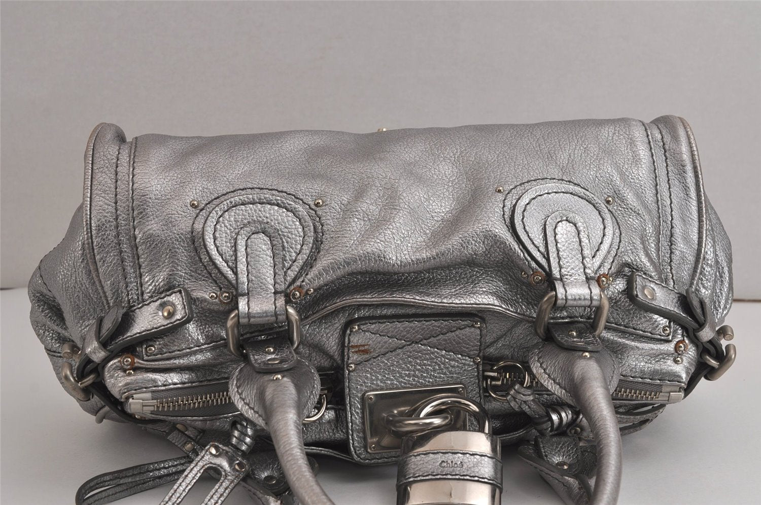 Authentic Chloe Vintage Paddington Leather Shoulder Hand Bag Silver 6743J