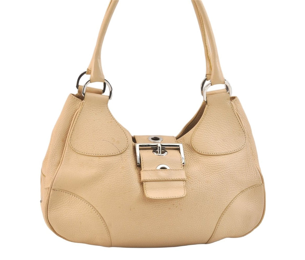 Authentic PRADA Vintage Leather Nappa Shoulder Hand Bag Purse Beige 6746K