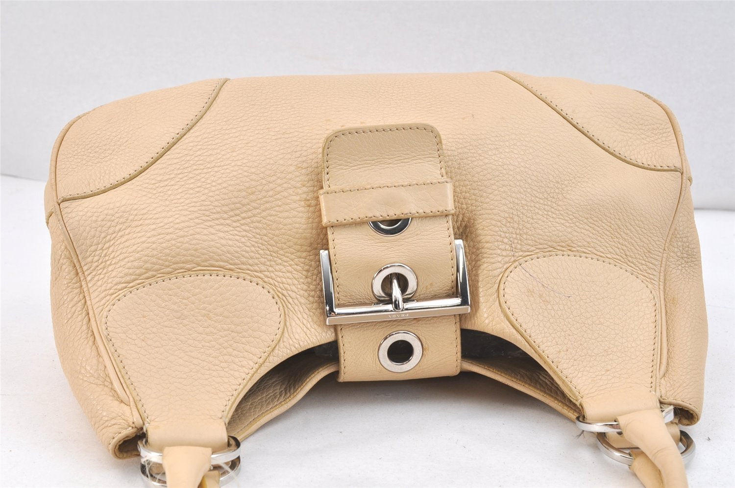 Authentic PRADA Vintage Leather Nappa Shoulder Hand Bag Purse Beige 6746K