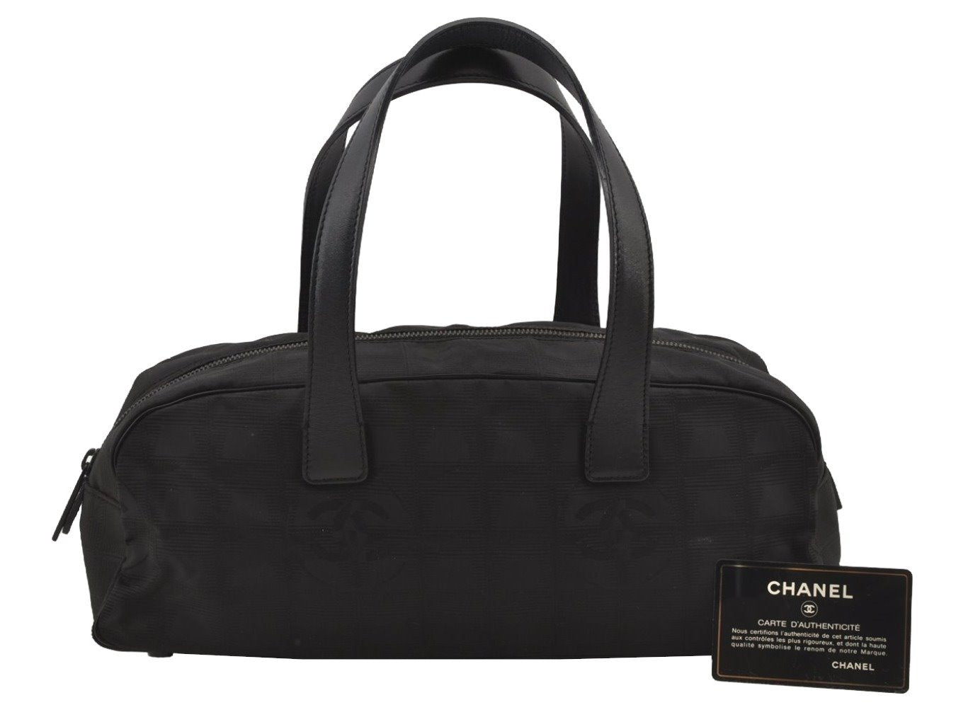 Authentic CHANEL New Travel Line Hand Boston Bag Purse Nylon Leather Black 6751J