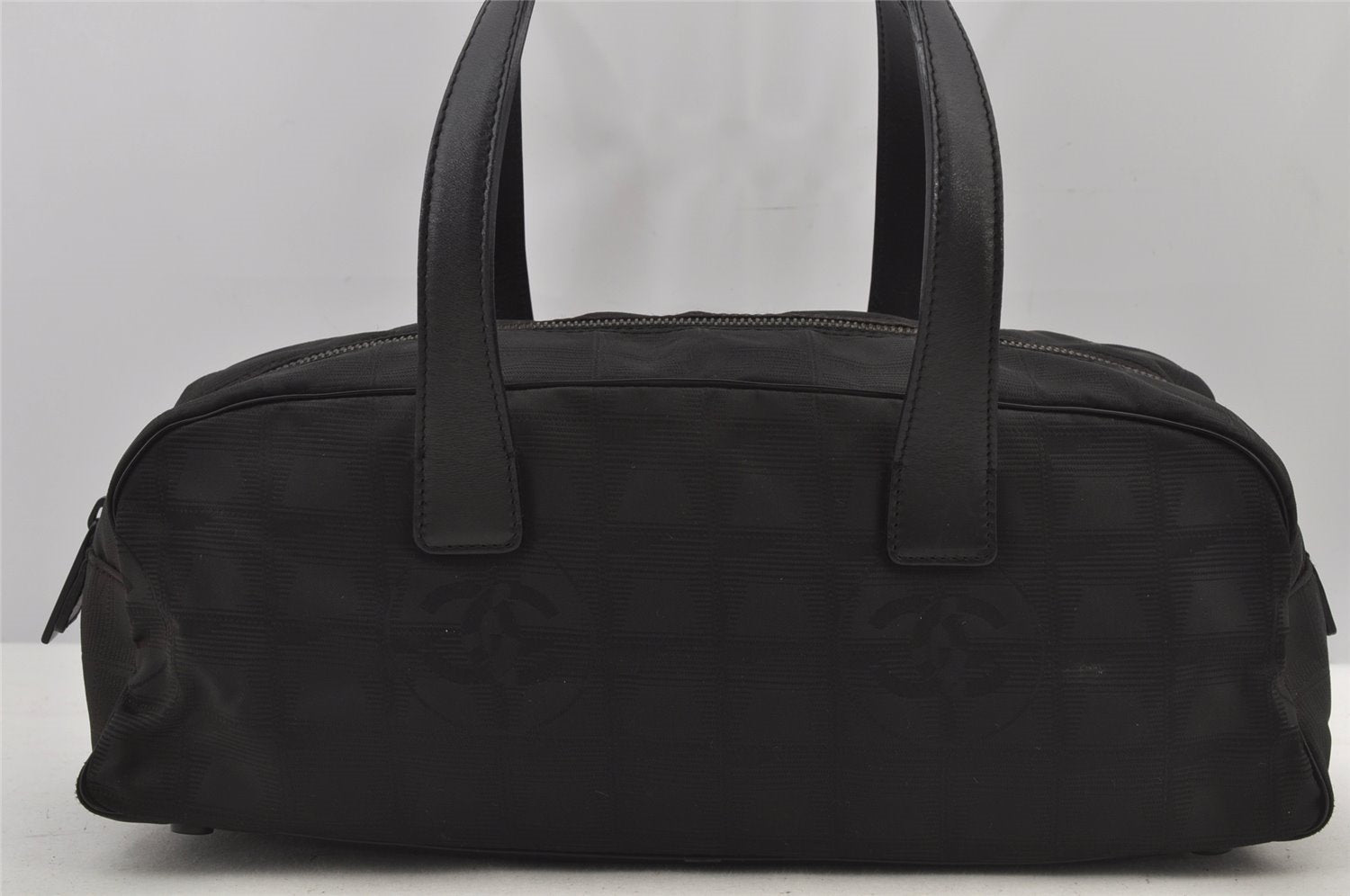 Authentic CHANEL New Travel Line Hand Boston Bag Purse Nylon Leather Black 6751J