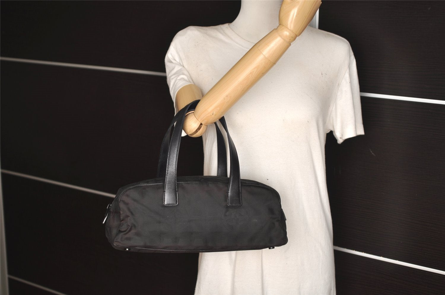 Authentic CHANEL New Travel Line Hand Boston Bag Purse Nylon Leather Black 6751J