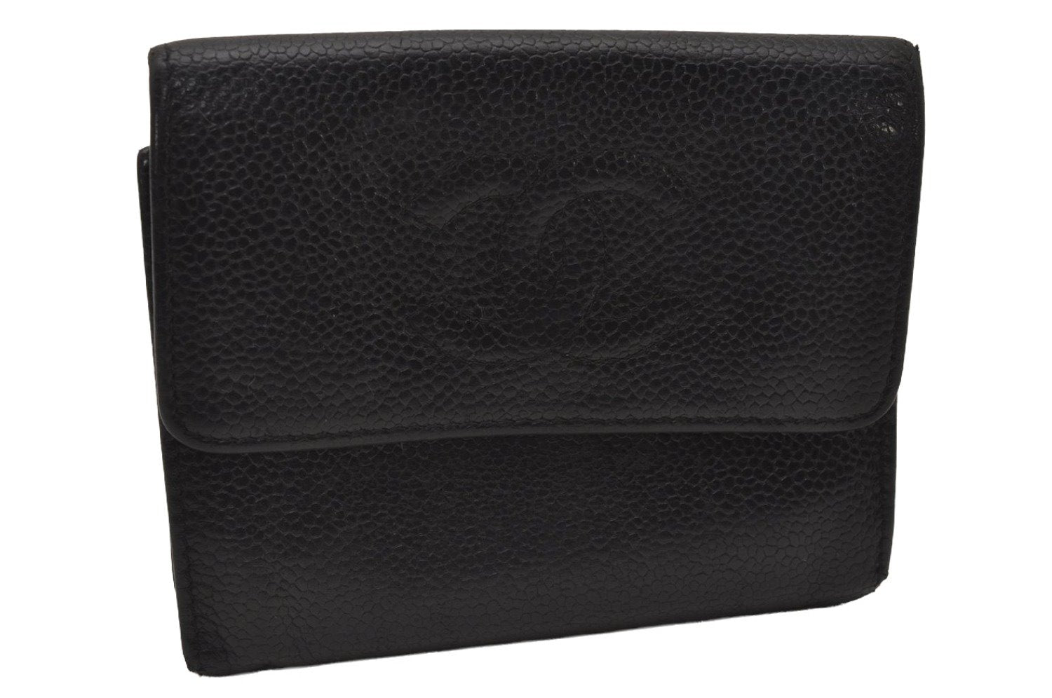 Authentic CHANEL Caviar Skin Vintage CC Logo Trifold Wallet Purse Black 6765I