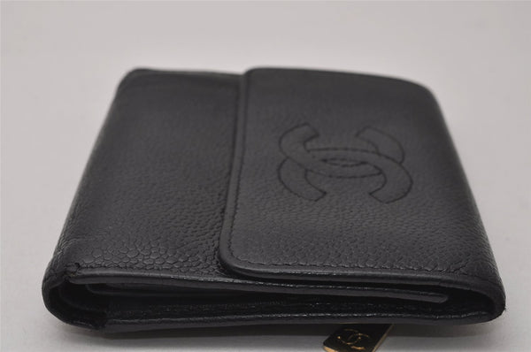 Authentic CHANEL Caviar Skin Vintage CC Logo Trifold Wallet Purse Black 6765I