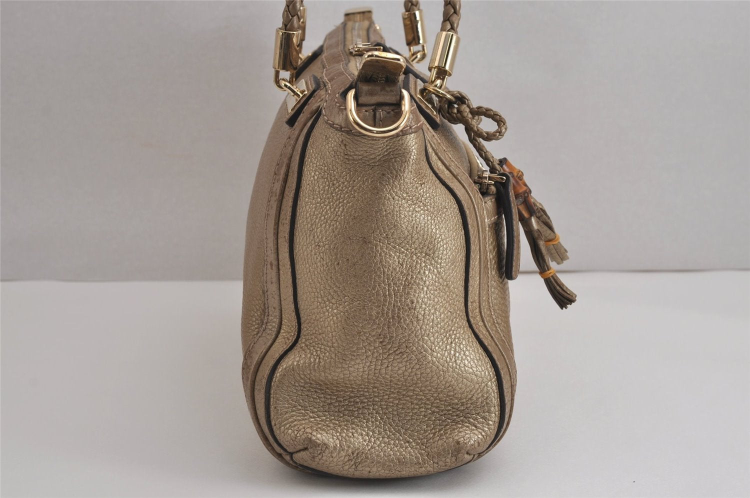 Authentic GUCCI Bamboo Bella Tassel 2Way Hand Bag Leather 282300 Gold 6768J