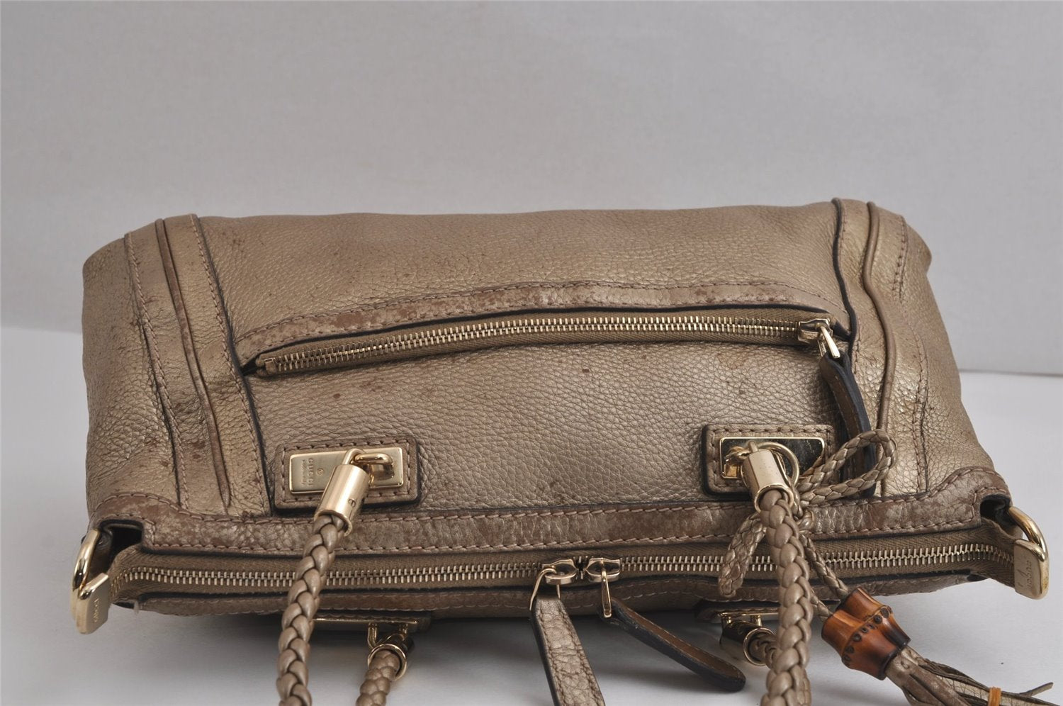 Authentic GUCCI Bamboo Bella Tassel 2Way Hand Bag Leather 282300 Gold 6768J