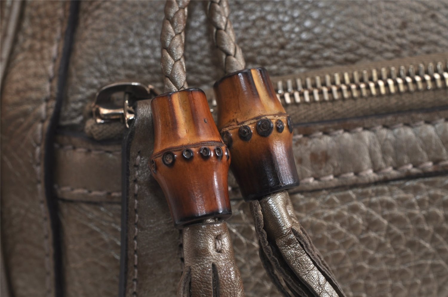 Authentic GUCCI Bamboo Bella Tassel 2Way Hand Bag Leather 282300 Gold 6768J