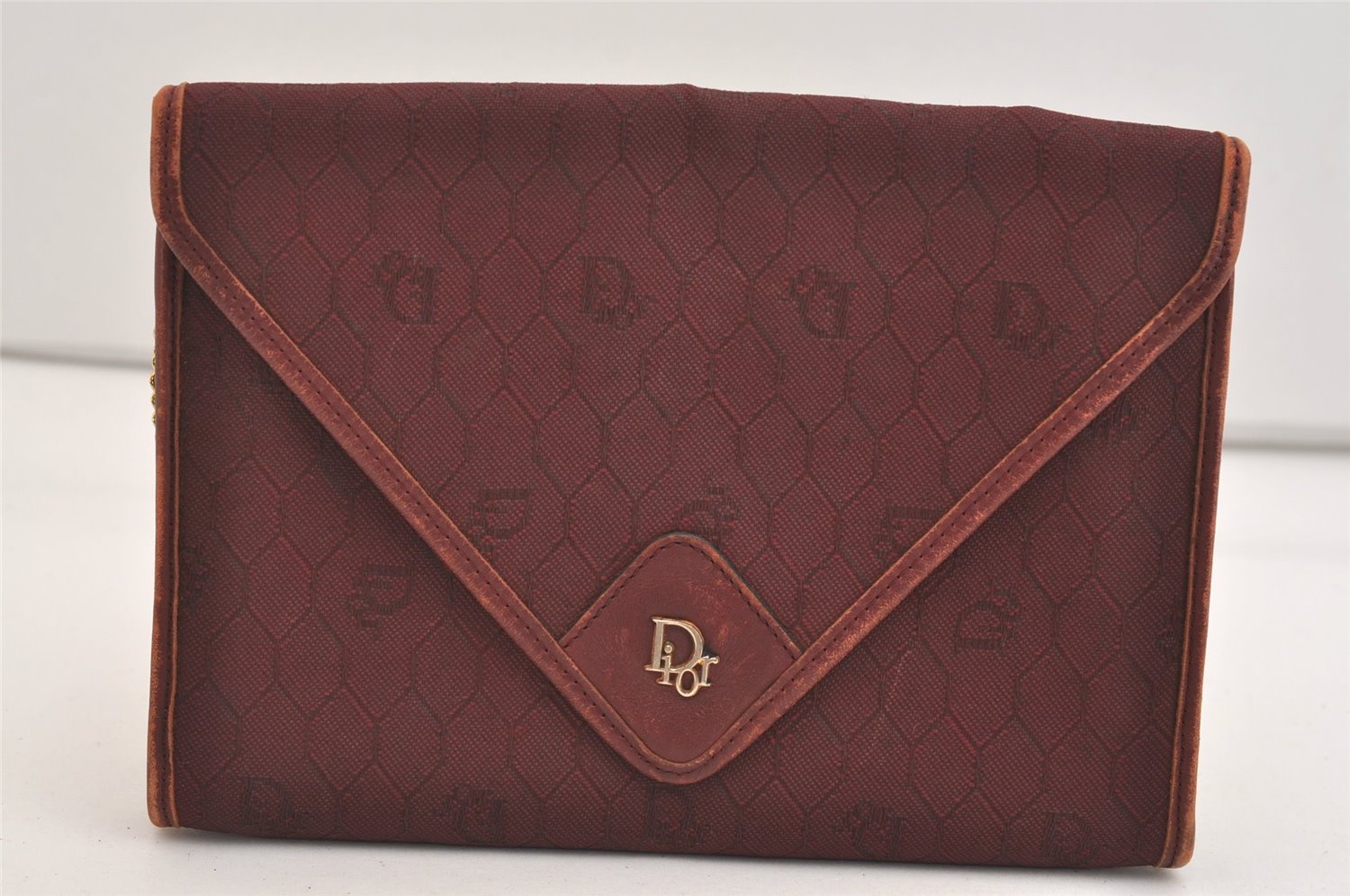 Auth Christian Dior Honeycomb Shoulder Bag Chain Canvas Leather Bordeaux 6771J