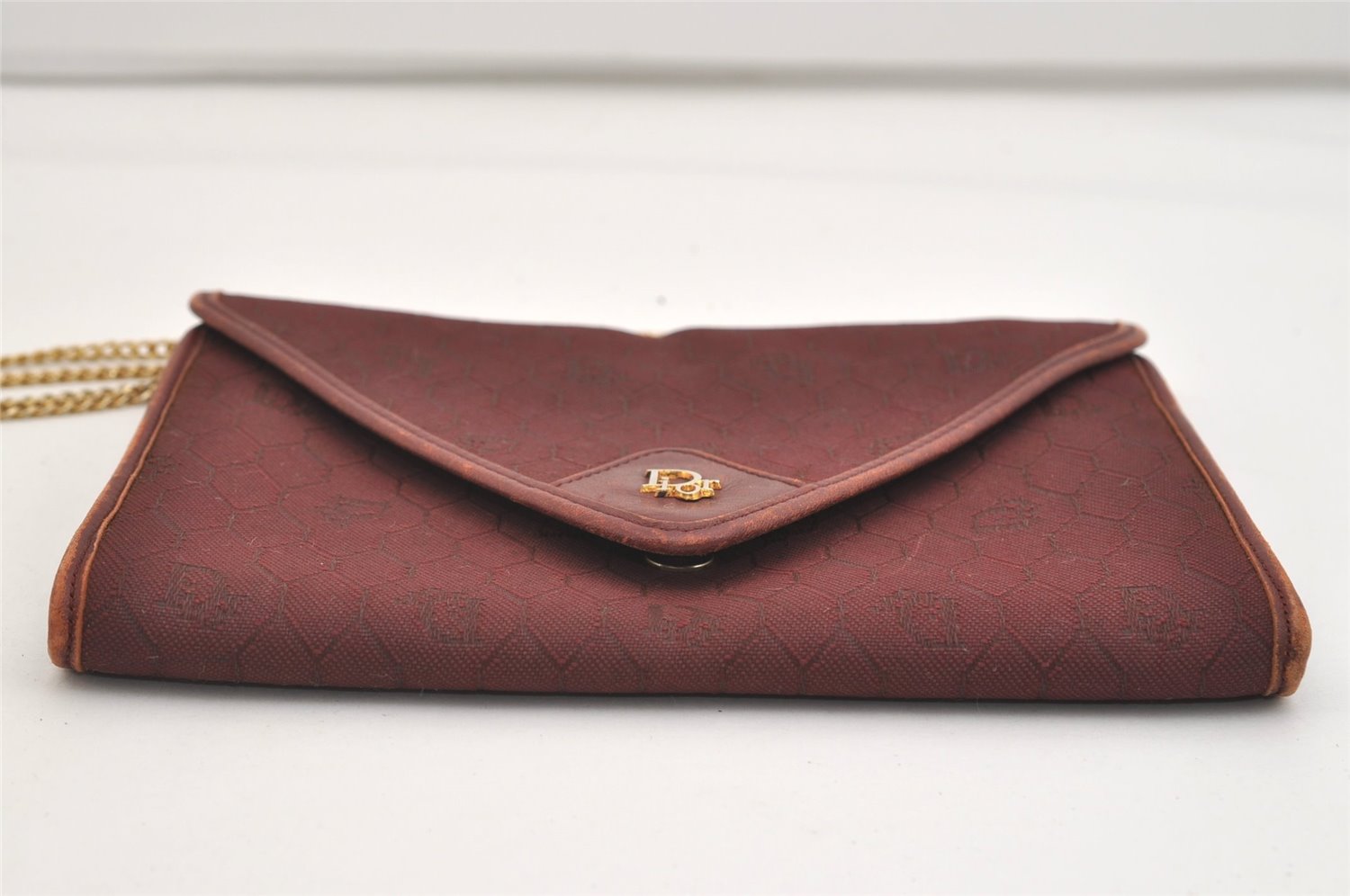 Auth Christian Dior Honeycomb Shoulder Bag Chain Canvas Leather Bordeaux 6771J