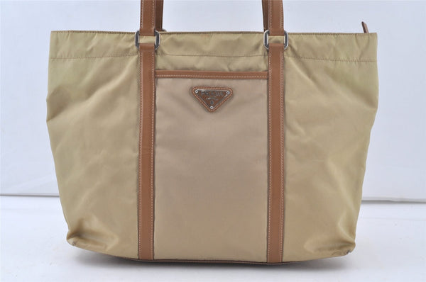 Authentic PRADA Vintage Nylon Tessuto Leather Shoulder Tote Bag Beige 6784K