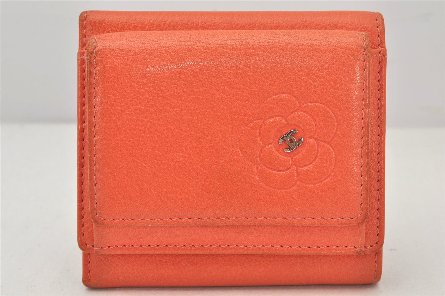 Authentic CHANEL Butterfly Camellia Calf Skin Trifold Wallet Orange CC 6787K