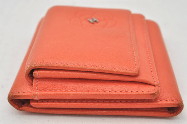 Authentic CHANEL Butterfly Camellia Calf Skin Trifold Wallet Orange CC 6787K