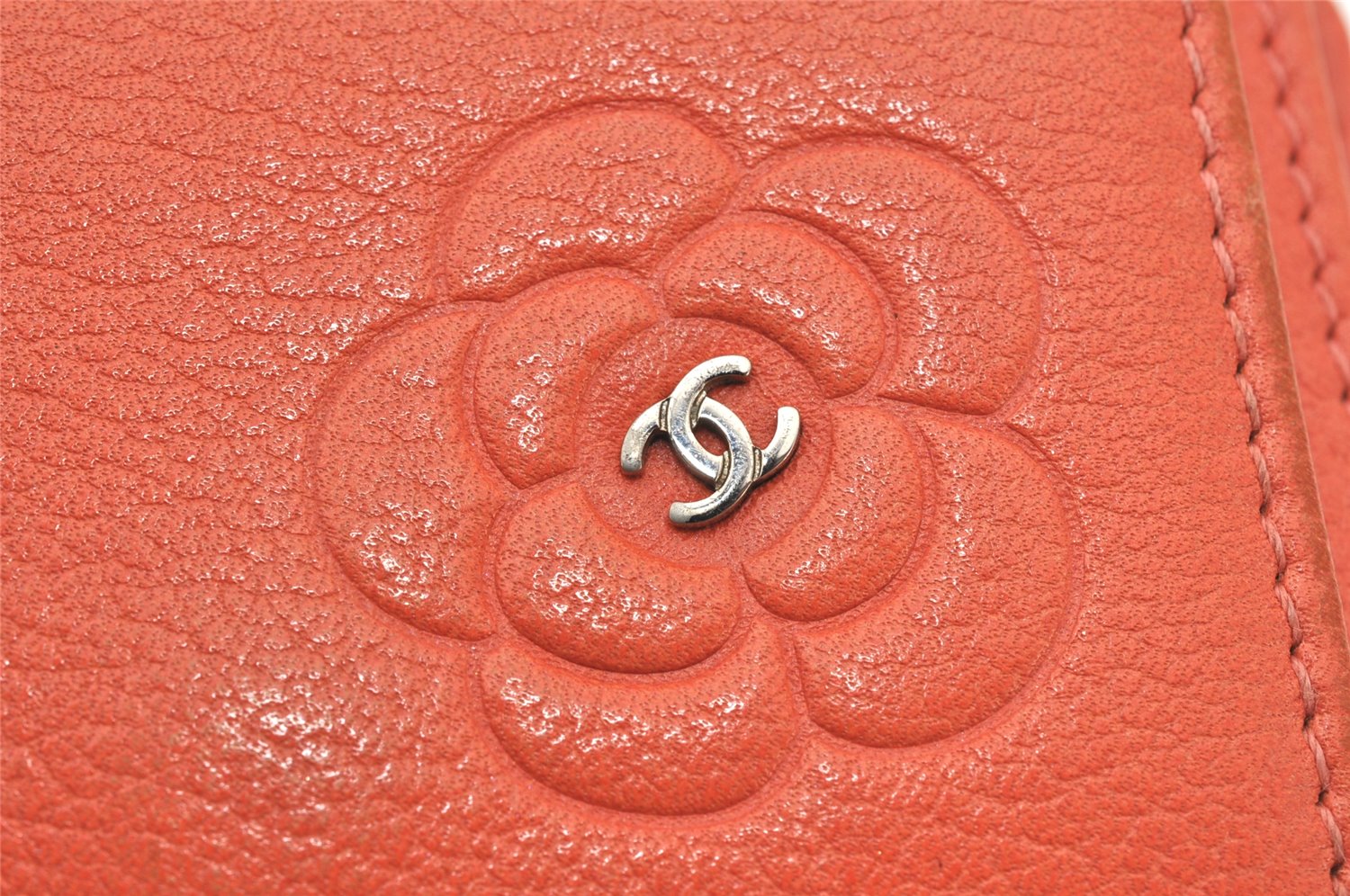 Authentic CHANEL Butterfly Camellia Calf Skin Trifold Wallet Orange CC 6787K