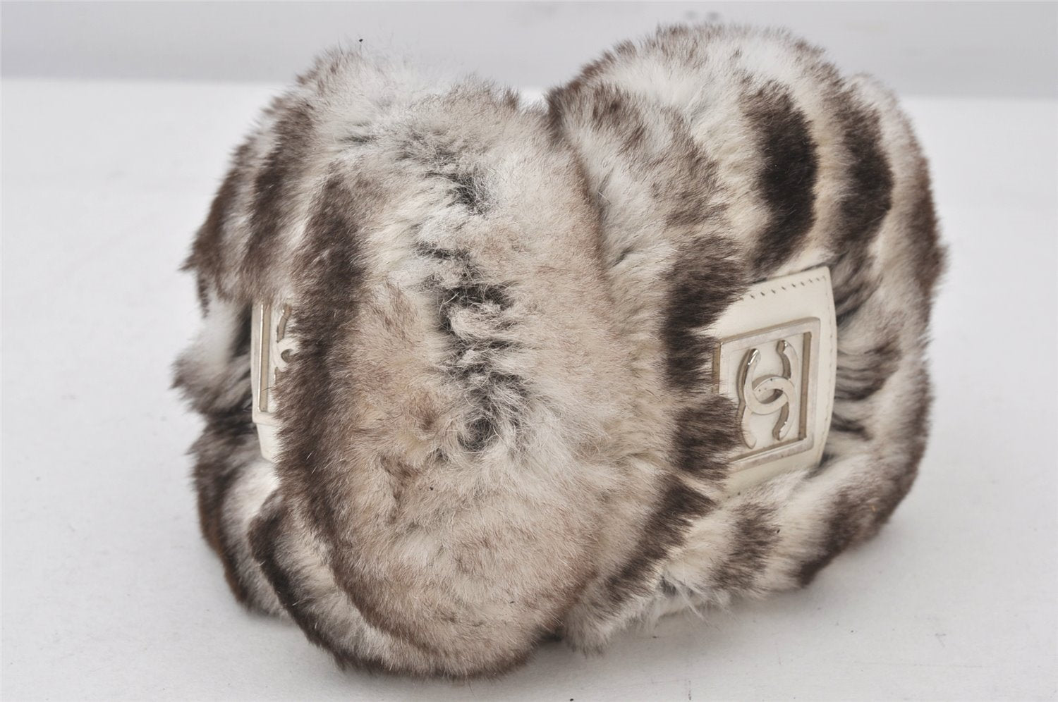 Authentic CHANEL Fur Leather Ear Muffs CC Logo White Brown 6809K