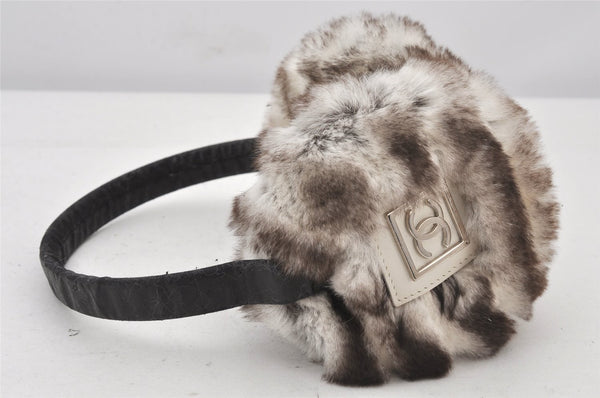 Authentic CHANEL Fur Leather Ear Muffs CC Logo White Brown 6809K