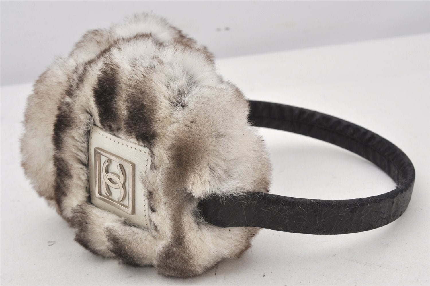 Authentic CHANEL Fur Leather Ear Muffs CC Logo White Brown 6809K