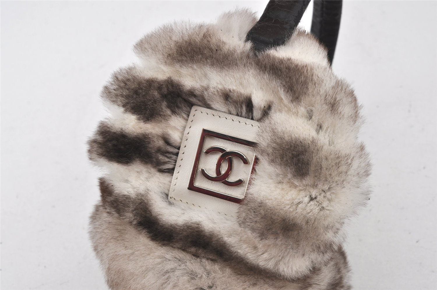 Authentic CHANEL Fur Leather Ear Muffs CC Logo White Brown 6809K