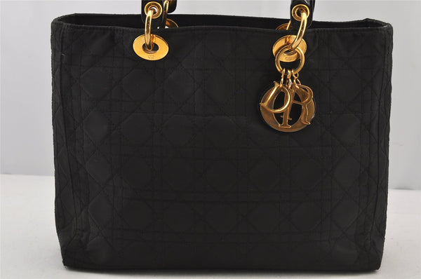 Auth Christian Dior Lady Dior Cannage Nylon Leather 2Way Hand Bag Black CD 6812J