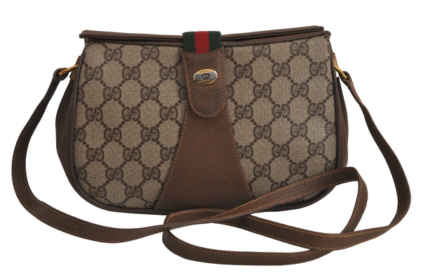 Authentic GUCCI Web Sherry Line Shoulder Cross Bag GG PVC Leather Brown 6813J