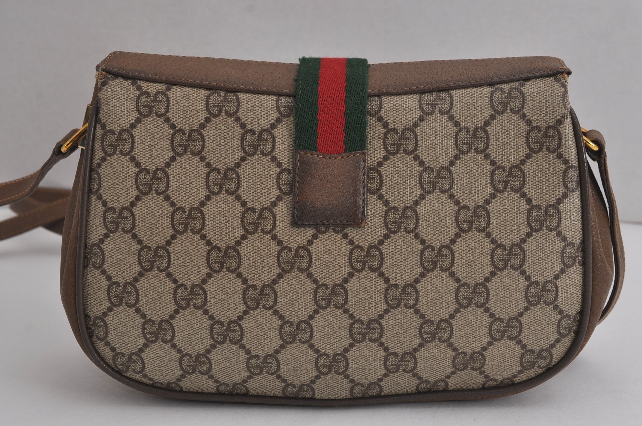 Authentic GUCCI Web Sherry Line Shoulder Cross Bag GG PVC Leather Brown 6813J