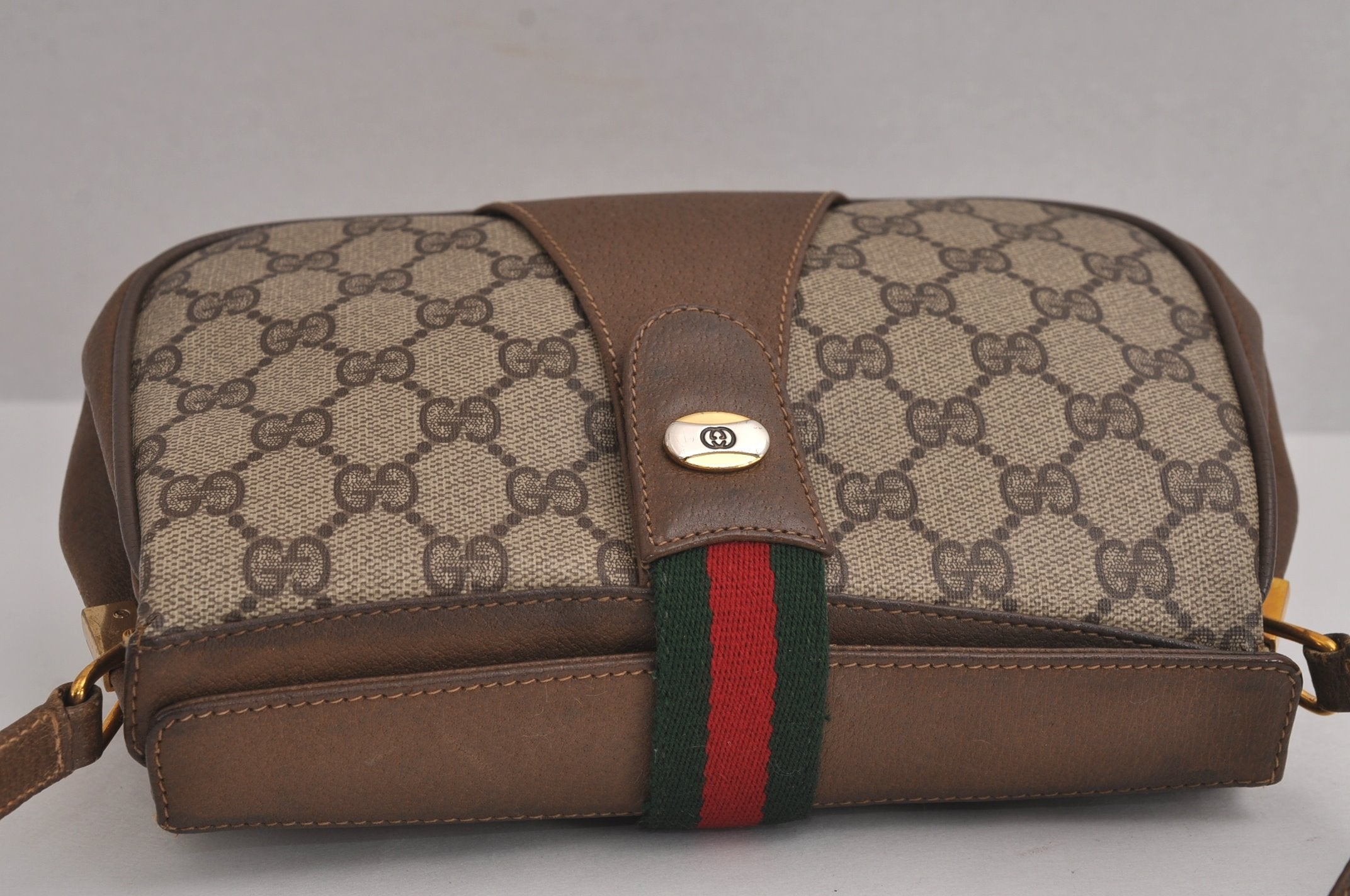 Authentic GUCCI Web Sherry Line Shoulder Cross Bag GG PVC Leather Brown 6813J