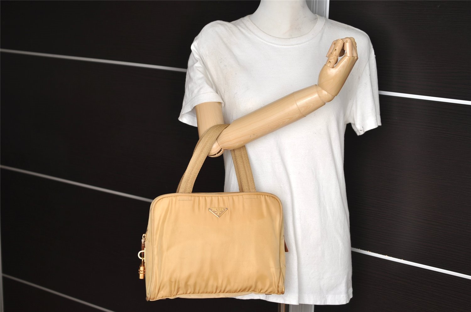 Authentic PRADA Nylon Tessuto Leather Shoulder Hand Bag Purse Beige 6816I