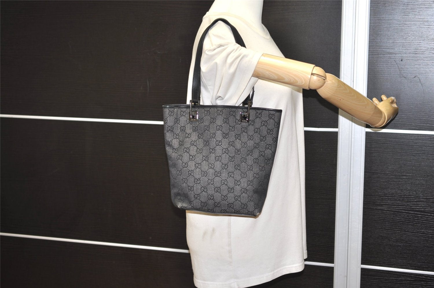 Authentic GUCCI Vintage Shoulder Tote Bag GG Canvas Leather 31244 Black 6816J