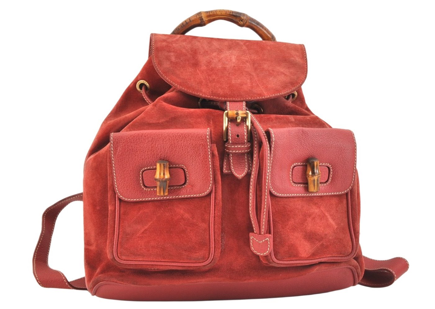 Authentic GUCCI Vintage Bamboo Drawstring Backpack Suede Leather Red 6822K