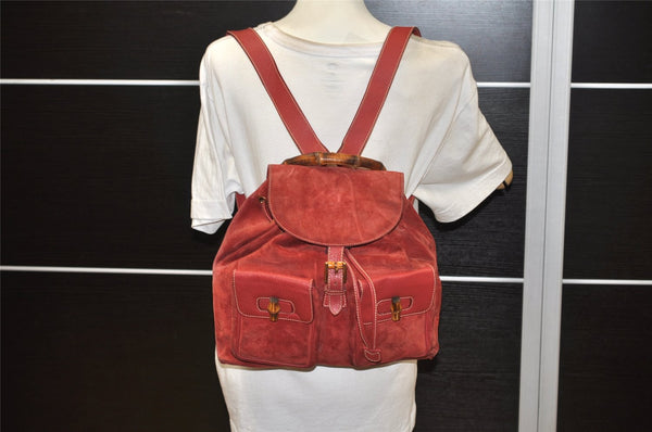 Authentic GUCCI Vintage Bamboo Drawstring Backpack Suede Leather Red 6822K