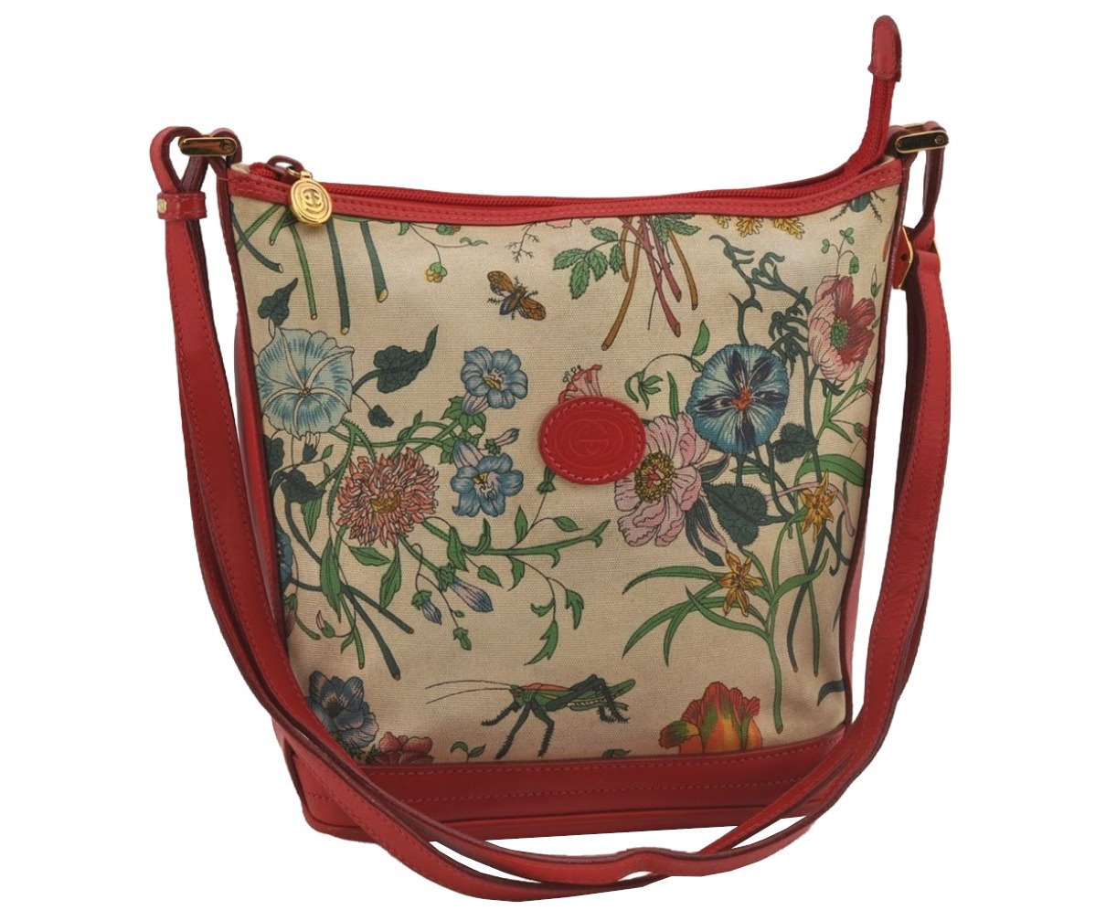 Authentic GUCCI Flora Shoulder Cross Bag Canvas Leather White Cream Junk 6823J