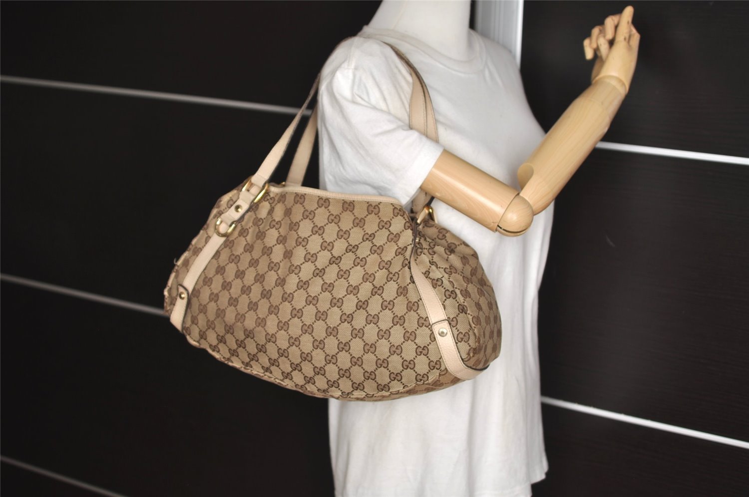 Authentic GUCCI Abbey Shoulder Tote Bag GG Canvas Leather 130736 Brown 6824J