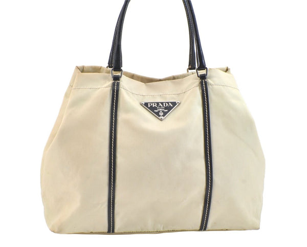 Authentic PRADA Nylon Tessuto Leather Shoulder Tote Bag White Cream 6825K