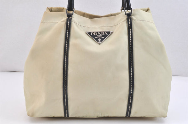 Authentic PRADA Nylon Tessuto Leather Shoulder Tote Bag White Cream 6825K