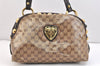 Authentic GUCCI GG Crystal Heart Crest Hand Boston Bag PVC Leather Brown 6827K