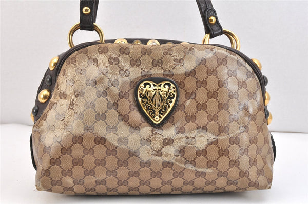 Authentic GUCCI GG Crystal Heart Crest Hand Boston Bag PVC Leather Brown 6827K