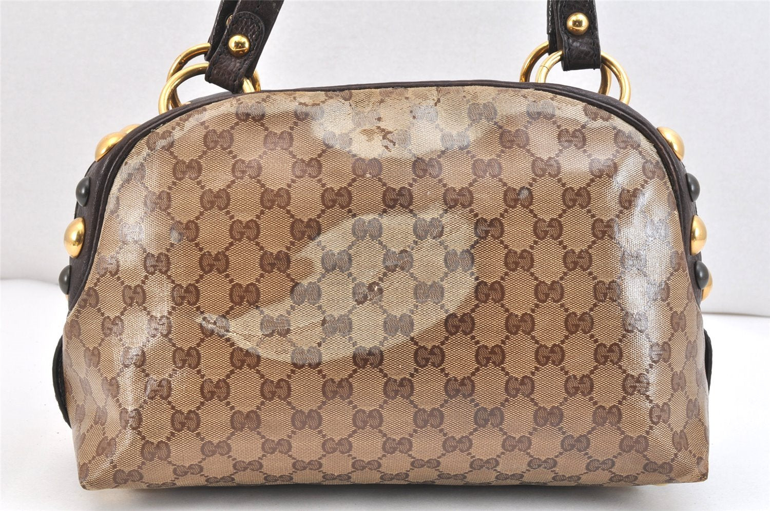 Authentic GUCCI GG Crystal Heart Crest Hand Boston Bag PVC Leather Brown 6827K