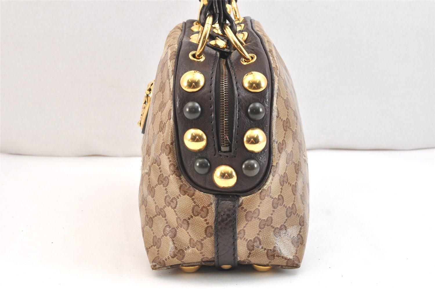 Authentic GUCCI GG Crystal Heart Crest Hand Boston Bag PVC Leather Brown 6827K