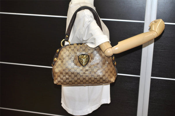 Authentic GUCCI GG Crystal Heart Crest Hand Boston Bag PVC Leather Brown 6827K