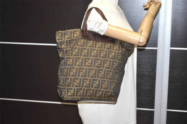 Authentic FENDI Zucca Folding Hand Tote Bag Purse Nylon Leather Brown 6828I