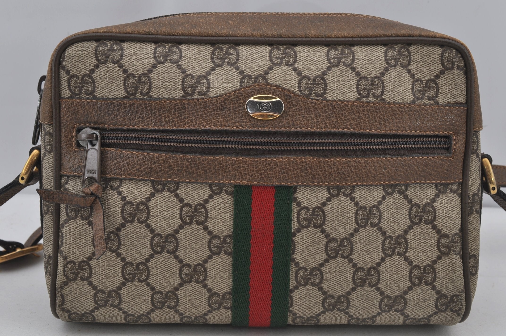Authentic GUCCI Web Sherry Line Shoulder Bag GG PVC Leather Brown Junk 6830J