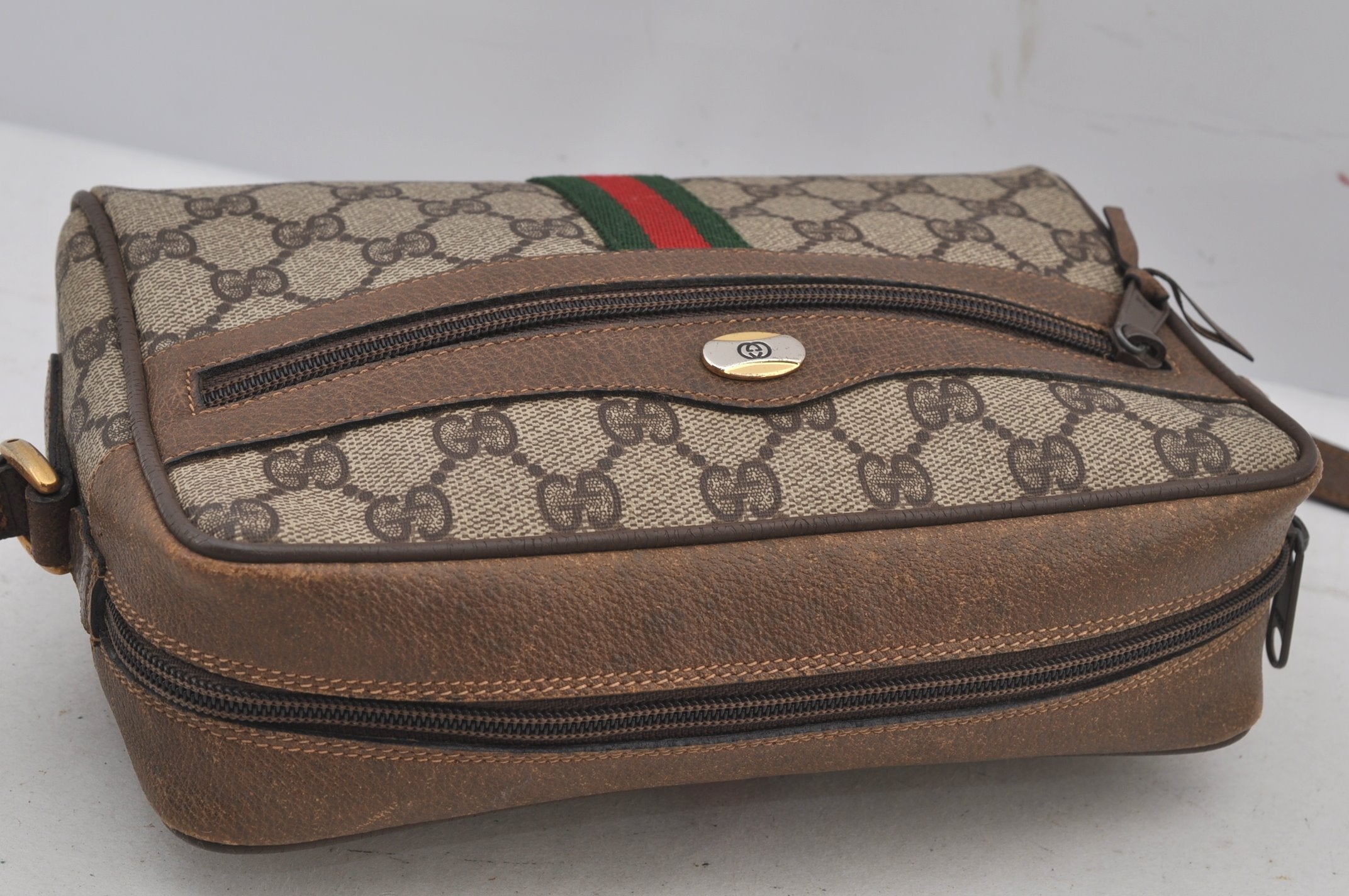 Authentic GUCCI Web Sherry Line Shoulder Bag GG PVC Leather Brown Junk 6830J