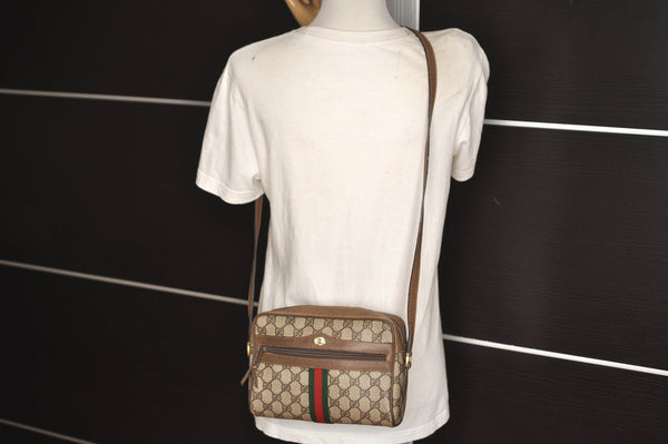 Authentic GUCCI Web Sherry Line Shoulder Bag GG PVC Leather Brown Junk 6830J