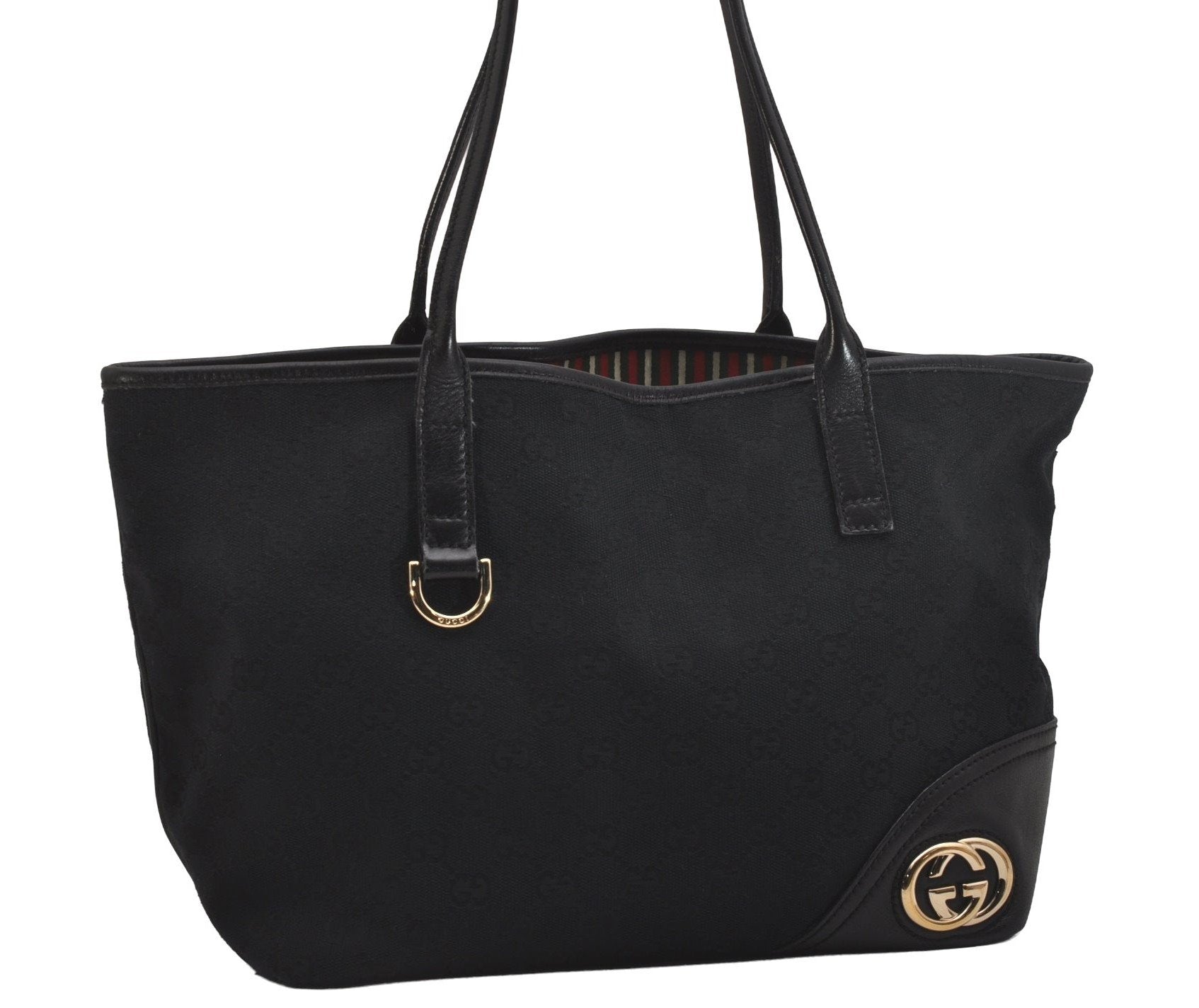 Authentic GUCCI New Britt Shoulder Tote Bag GG Canvas Leather 169946 Black 6832J