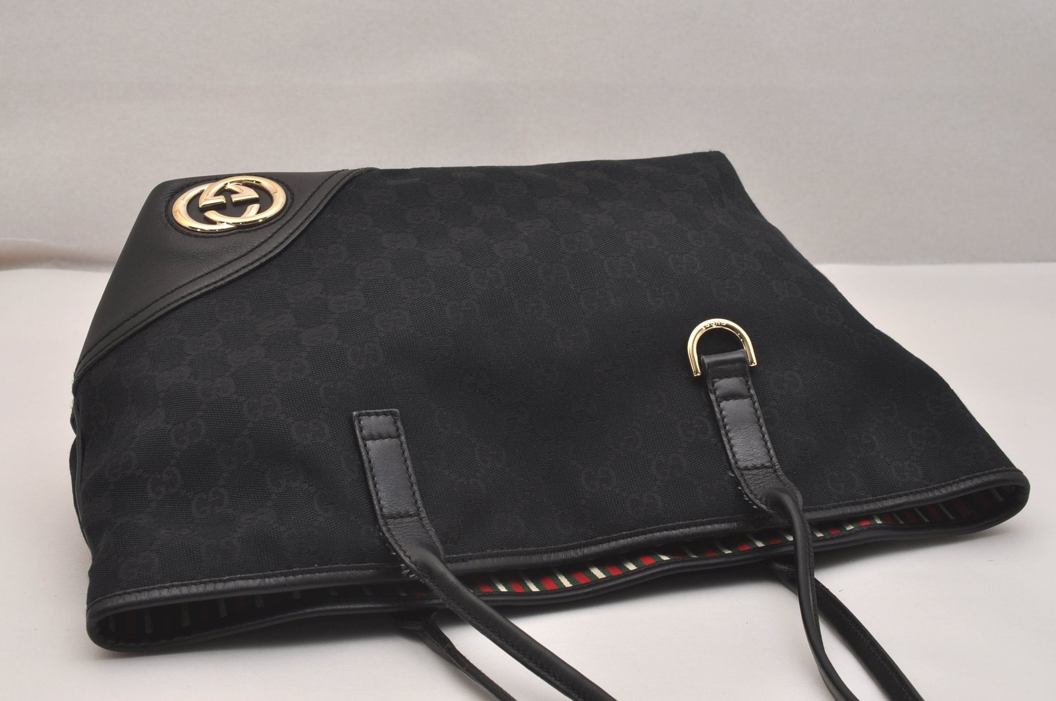 Authentic GUCCI New Britt Shoulder Tote Bag GG Canvas Leather 169946 Black 6832J