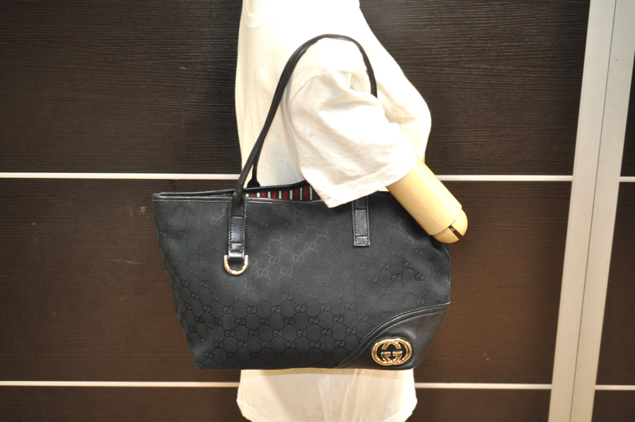 Authentic GUCCI New Britt Shoulder Tote Bag GG Canvas Leather 169946 Black 6832J